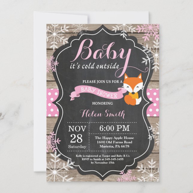 Baby its Cold Outside Pink Fox Girl Baby Shower Invitation (Front)