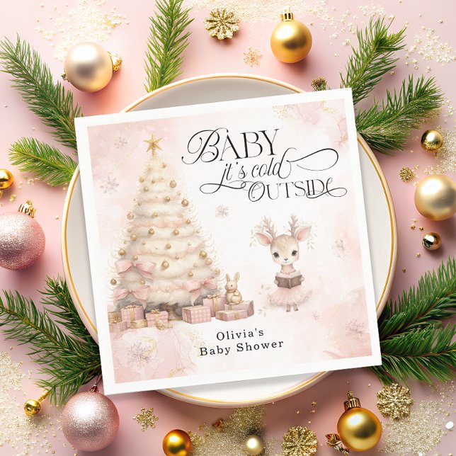 Baby it's Cold Outside Pink Girl Deer Baby Shower Napkins (Creator Uploaded)