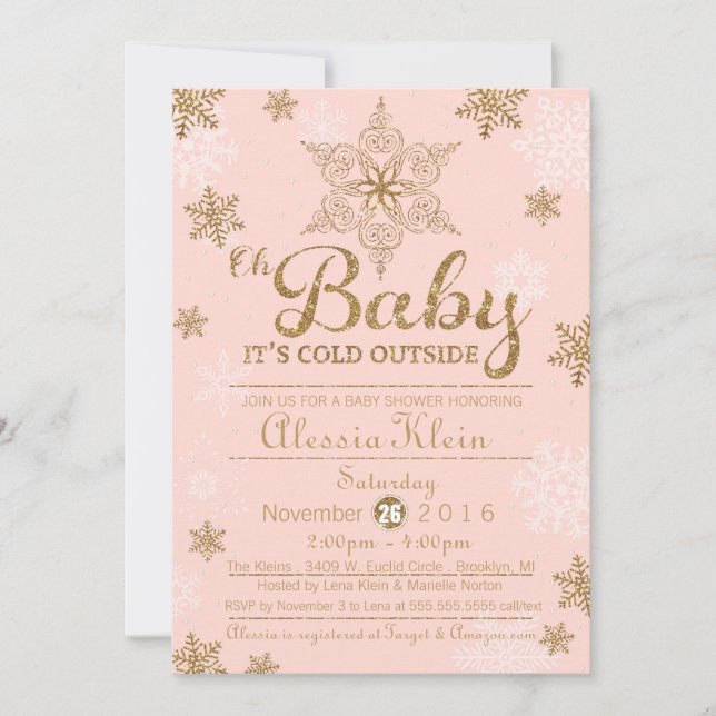 Baby It's Cold Outside, Pink & Gold Baby Shower Invitation (Front)