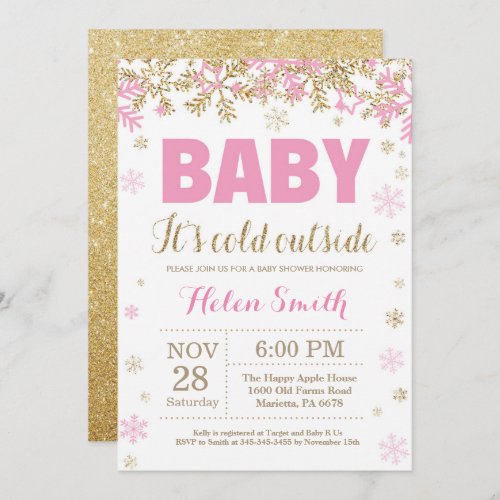 Baby its Cold Outside Pink Gold Girl Baby Shower Invitation