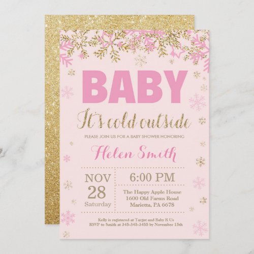 Baby its Cold Outside Pink Gold Girl Baby Shower Invitation