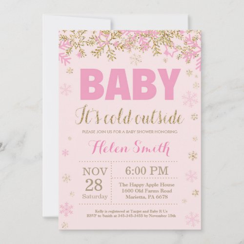 Baby its Cold Outside Pink Gold Girl Baby Shower Invitation