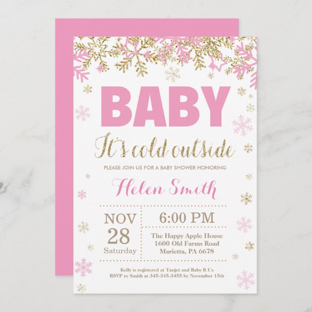 Baby its Cold Outside Pink Gold Girl Baby Shower Invitation (Front/Back)