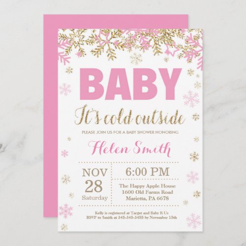 Baby its Cold Outside Pink Gold Girl Baby Shower Invitation