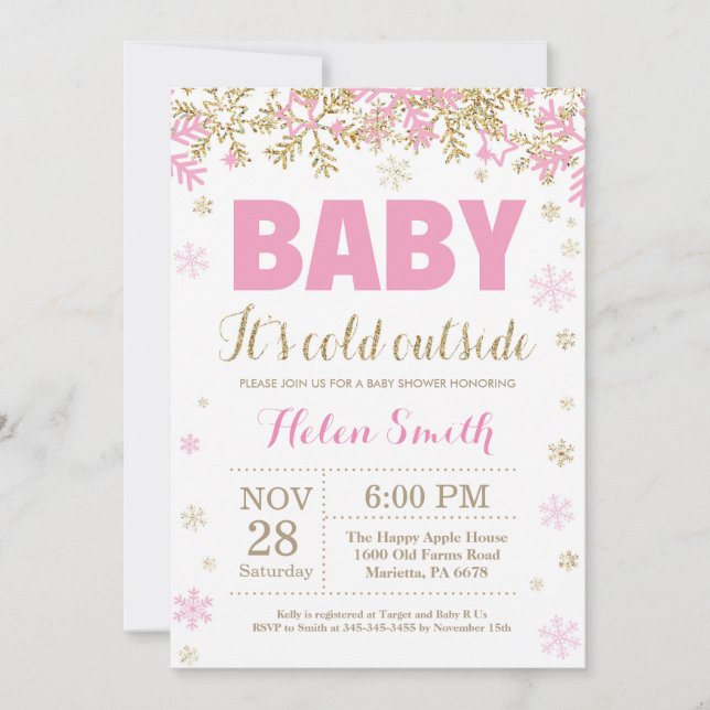 Baby its Cold Outside Pink Gold Girl Baby Shower Invitation (Front)
