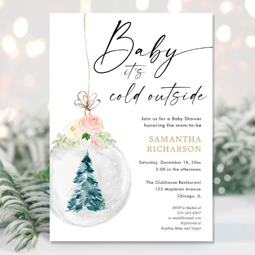 Baby its cold outside Pink gold girl Christmas Invitation