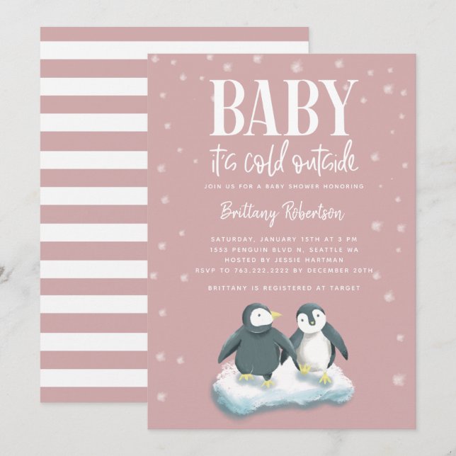 Baby Its Cold Outside Pink Penguins Baby Shower Invitation (Front/Back)