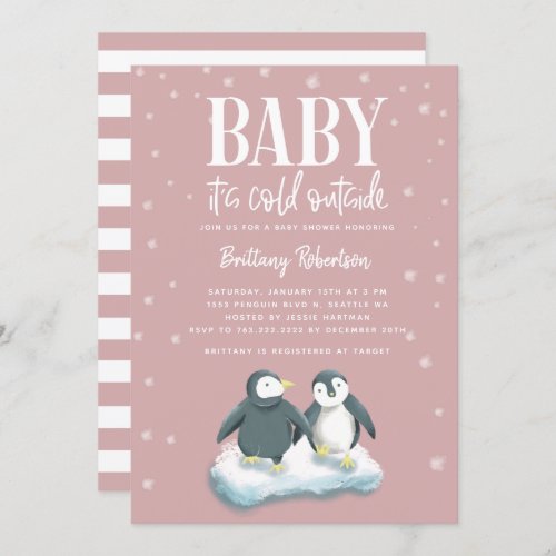 Baby Its Cold Outside Pink Penguins Baby Shower Invitation