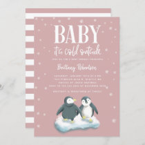 Baby Its Cold Outside Pink Penguins Baby Shower Invitation