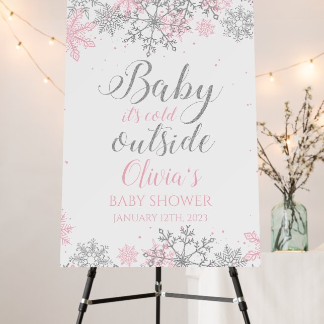 Baby It's Cold Outside Pink Silver Baby Shower Foam Board (In Situ (Stand))