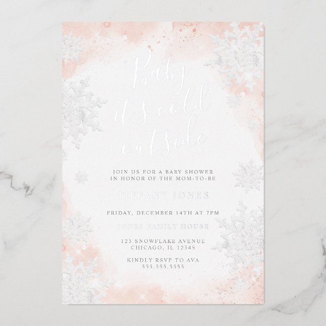 Baby it's cold outside Pink Silver Baby shower  Foil Invitation (Front)