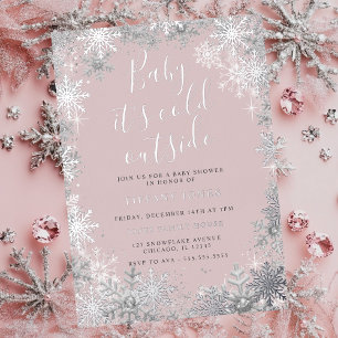 Baby It's Cold Outside Pink Silver Baby Shower Foil Invitation