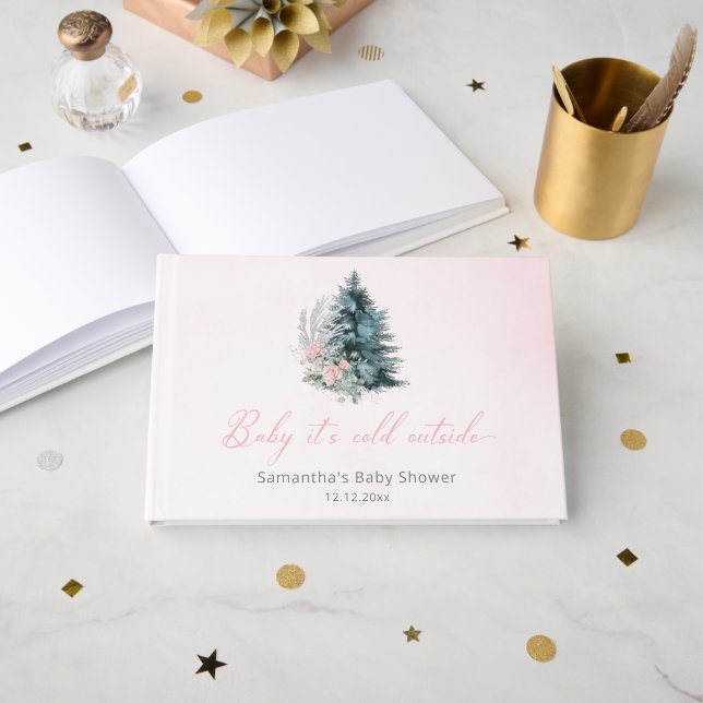 Baby its cold outside Pink Silver Baby Shower Guest Book (Front Open)