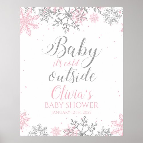 Baby Its Cold Outside Pink Silver Baby Shower Poster