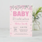 Baby its Cold Outside Pink Silver Girl Baby Shower Invitation (Standing Front)