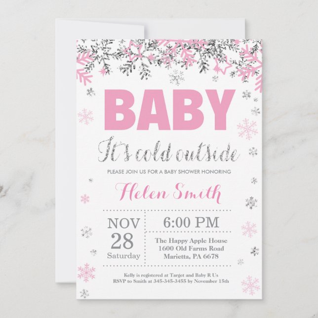 Baby its Cold Outside Pink Silver Girl Baby Shower Invitation (Front)