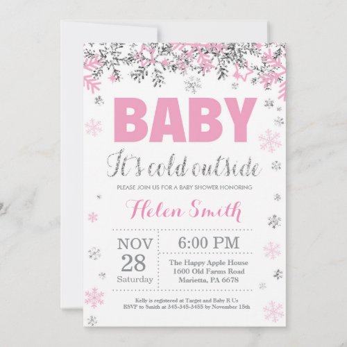Baby its Cold Outside Pink Silver Girl Baby Shower Invitation