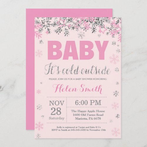 Baby its Cold Outside Pink Silver Girl Baby Shower Invitation