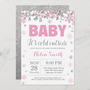 Baby its Cold Outside Pink Silver Girl Baby Shower Invitation