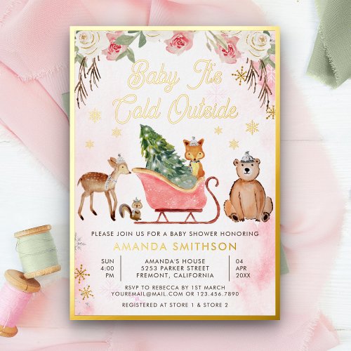 Baby Its Cold Outside Pink Sleigh Baby Shower Foil Invitation