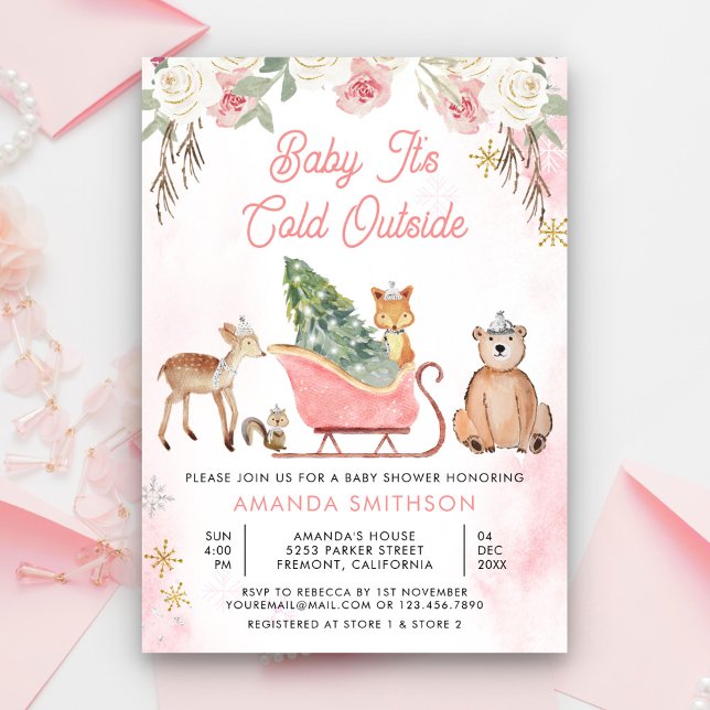 Baby It's Cold Outside Pink Sleigh Baby Shower Invitation (Creator Uploaded)