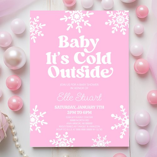 Baby Its Cold Outside Pink Snowflake Baby Shower Invitation