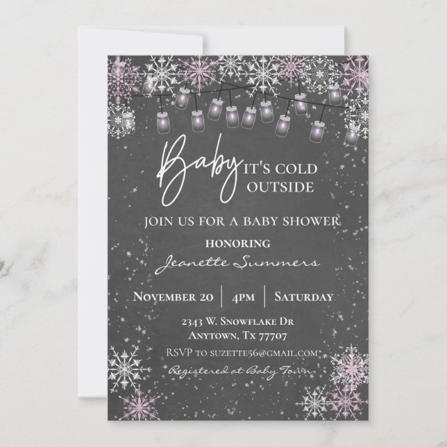 Baby It's Cold Outside Pink Snowflake Mason Jar Invitation (Front)