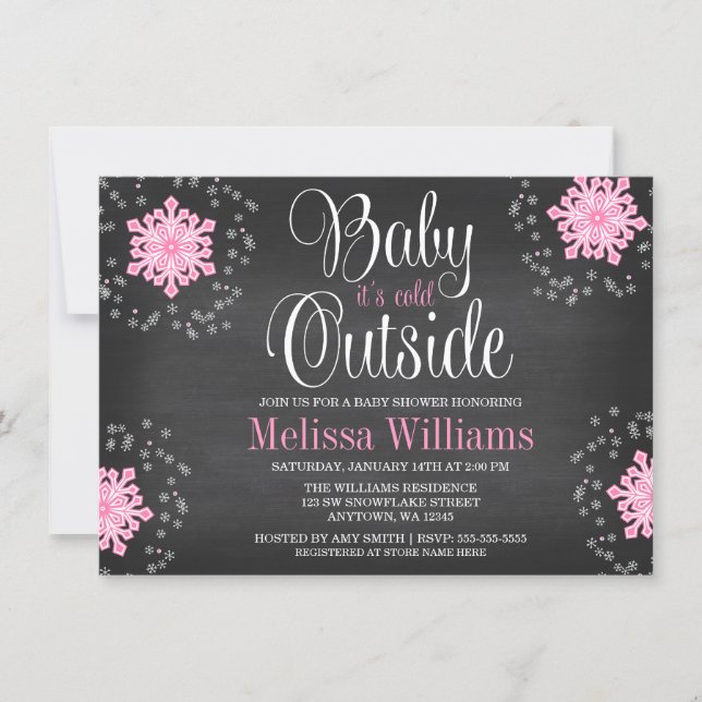 Baby It's Cold Outside Pink Snowflakes Baby Shower Invitation (Front)