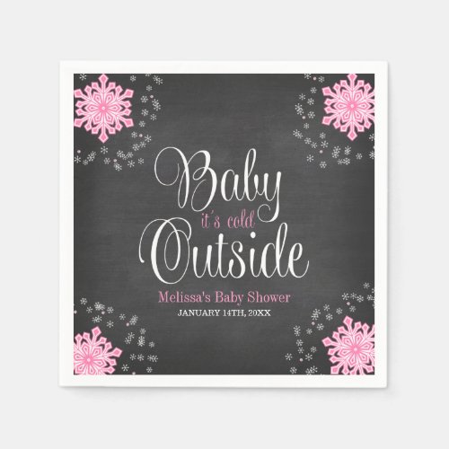 Baby Its Cold Outside Pink Snowflakes Baby Shower Napkins