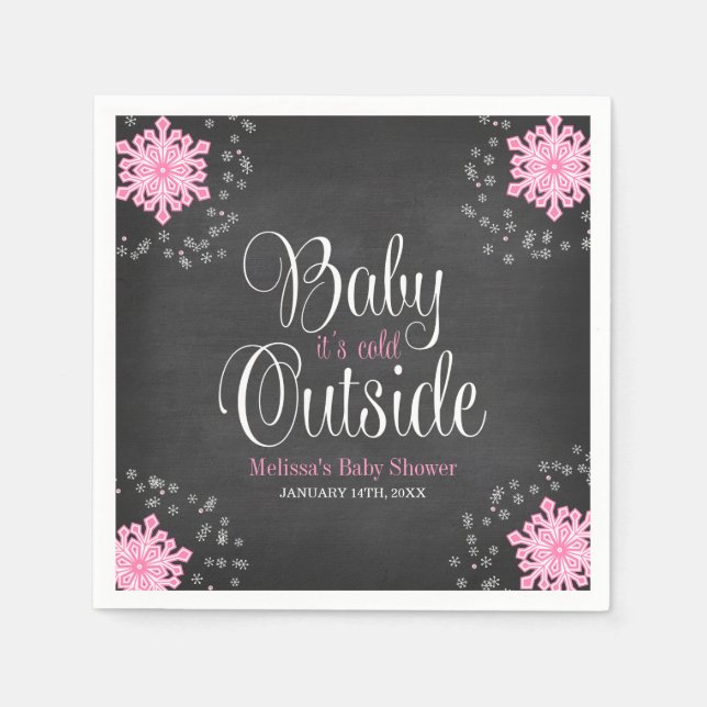 Baby It's Cold Outside Pink Snowflakes Baby Shower Napkins (Front)