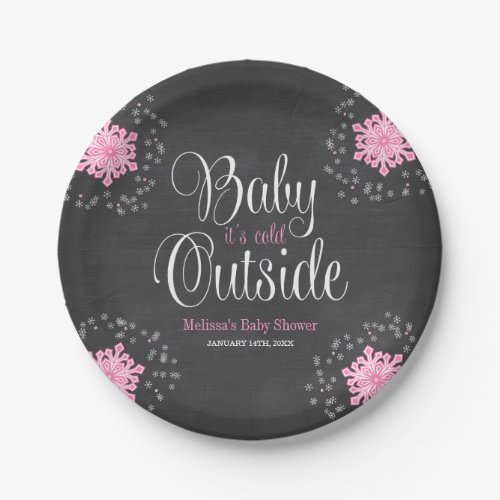 Baby Its Cold Outside Pink Snowflakes Baby Shower Paper Plates