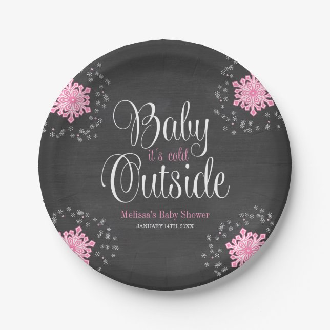 Baby It's Cold Outside Pink Snowflakes Baby Shower Paper Plates (Front)