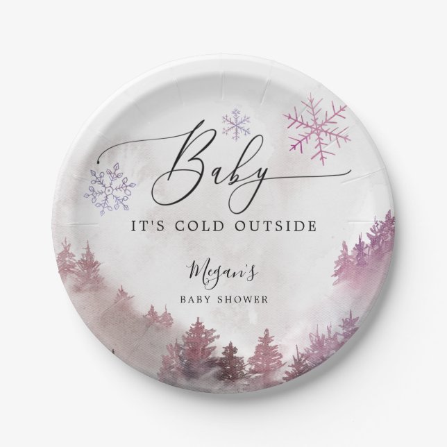 Baby It's Cold Outside Pink Snowflakes Shower Paper Plates (Front)