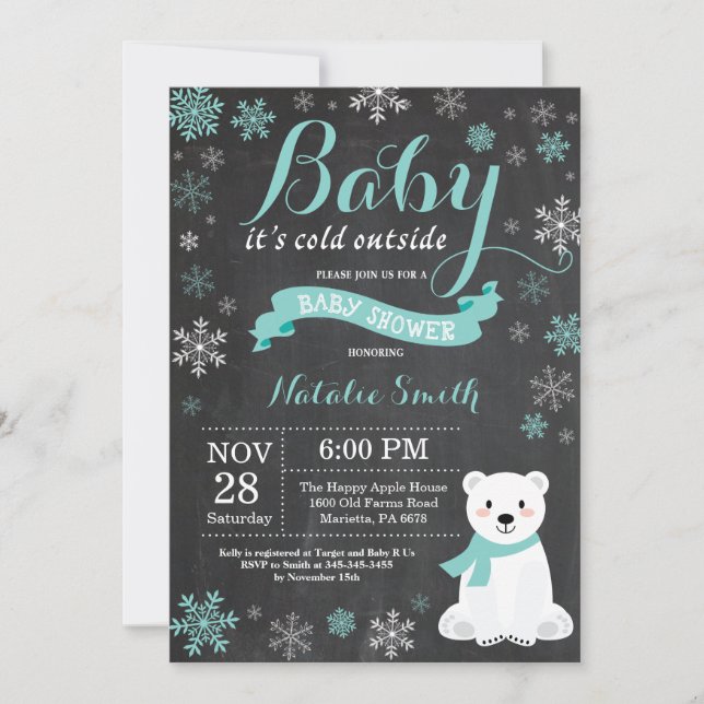 Baby Its Cold Outside Polar Bear Aqua Baby Shower Invitation (Front)