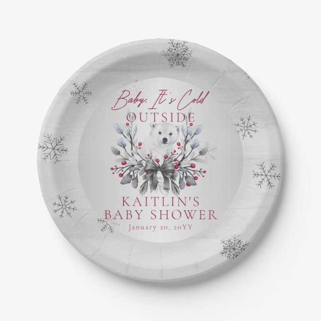 Baby It's Cold Outside Polar Bear Baby Shower Paper Plates (Front)