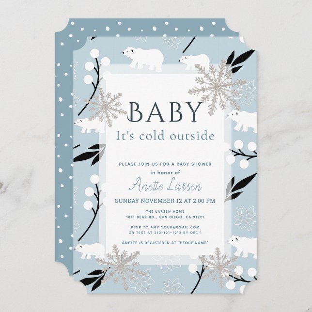 Baby Its Cold Outside Polar Bear Blue Baby Shower Invitation (Front/Back)