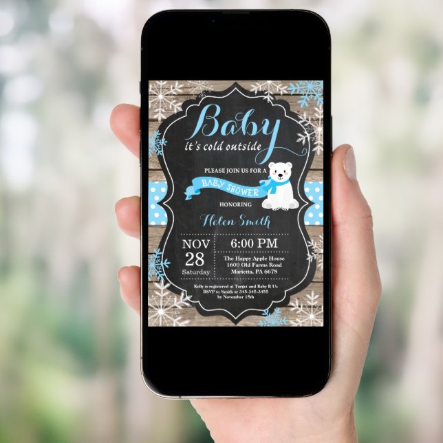 Baby its Cold Outside Polar Bear Boy Baby Shower Invitation (Front Digital)
