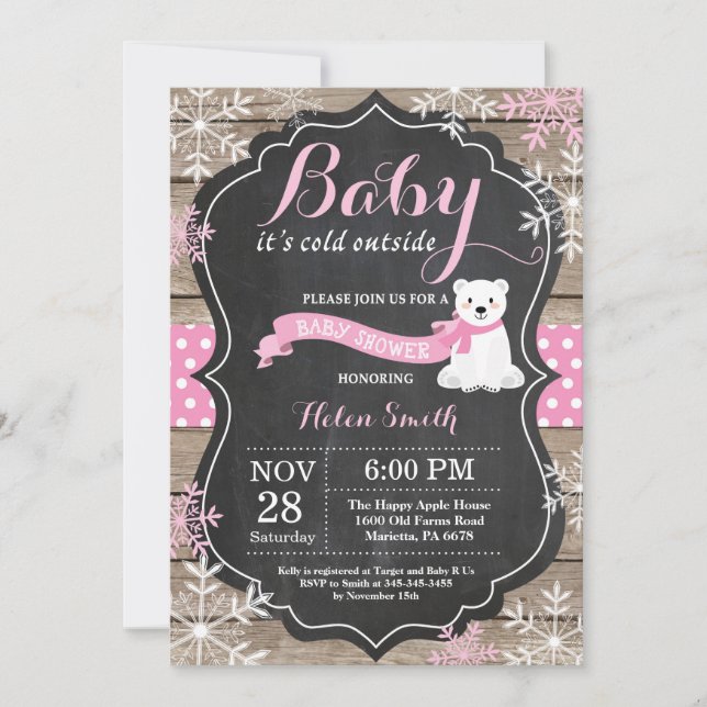 Baby its Cold Outside Polar Bear Girl Baby Shower Invitation (Front)