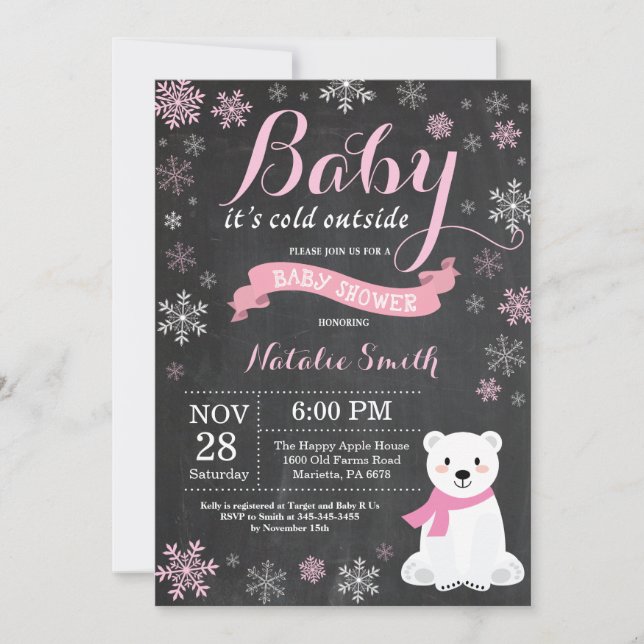 Baby Its Cold Outside Polar Bear Girl Baby Shower Invitation (Front)