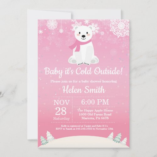 Baby its Cold Outside Polar Bear Girl Baby Shower Invitation