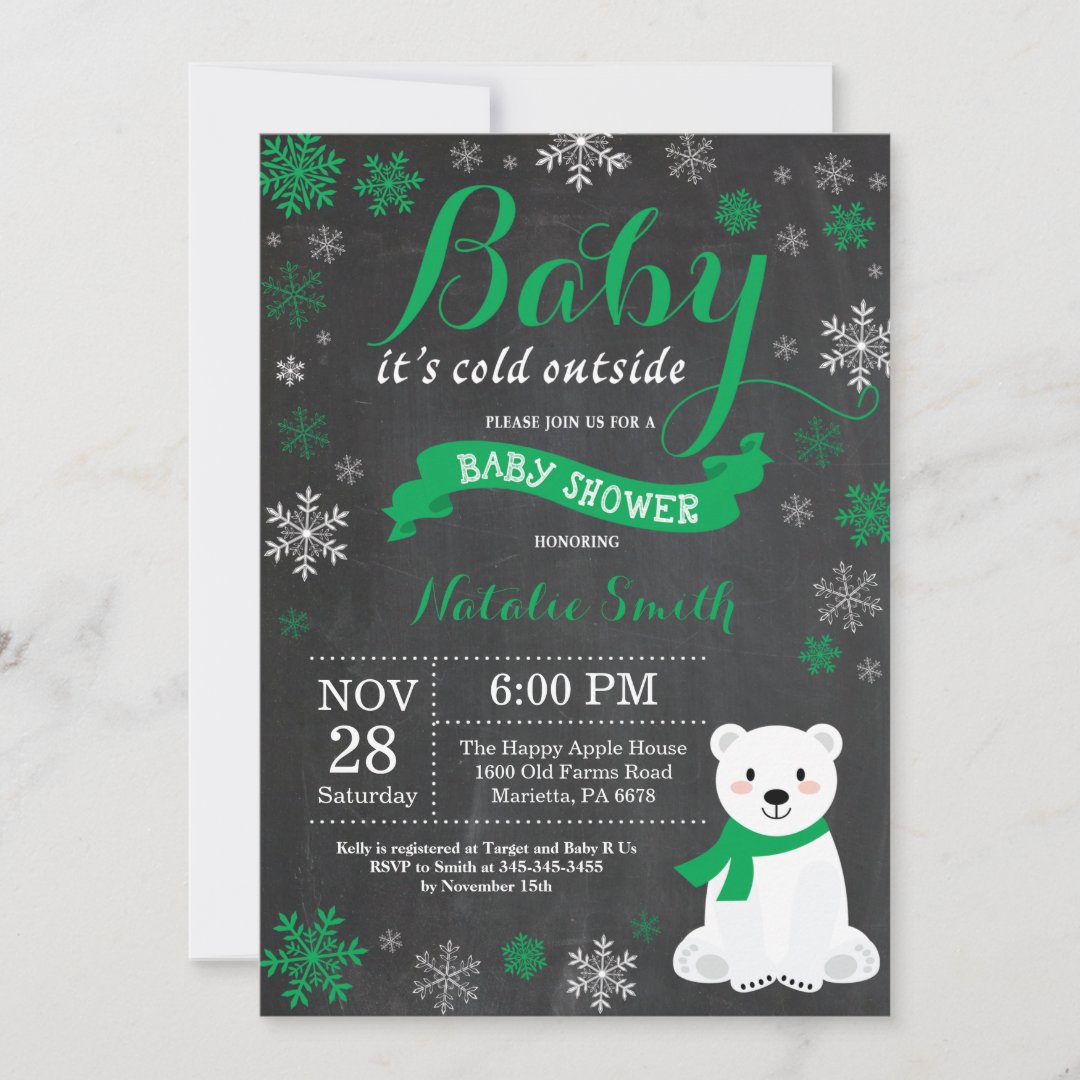 Baby Its Cold Outside Polar Bear Green Baby Shower Invitation | Zazzle