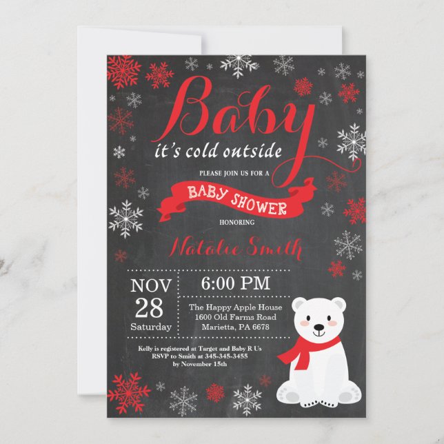 Baby Its Cold Outside Polar Bear Red Baby Shower Invitation (Front)