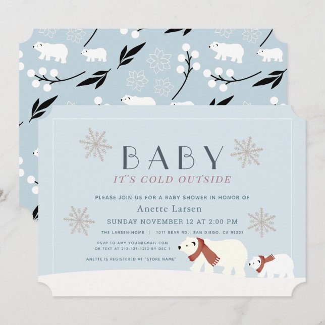 Baby Its Cold Outside Polar Bears Blue Baby Shower Invitation (Front/Back)