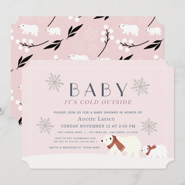 Baby Its Cold Outside Polar Bears Pink Baby Shower Invitation (Front/Back)