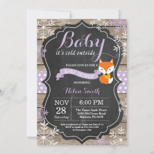 Baby its Cold Outside Purple Fox Girl Baby Shower Invitation