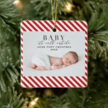 baby its cold outside red and white babys first  ceramic ornament<br><div class="desc">mark babys first christmas with this fun photo holiday ornament. featuring a space for your special chosen photograph along with editable modern text to show your babys name. baby its cold outside in contemporary trendy script font and backed with red and white stripes like a christmas candy cane! great as...</div>