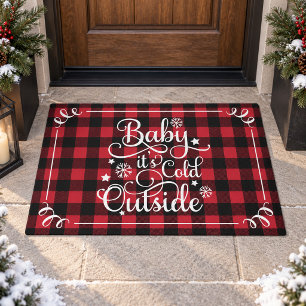 Baby Its Cold Outside Red Check Script Doormat