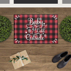 Baby Its Cold Outside Red Check Script Doormat