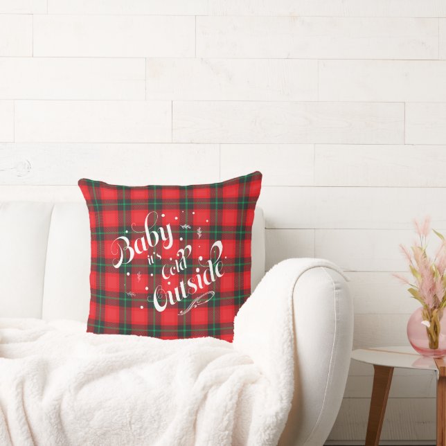 Baby it's 'cold Outside Red Plaid Holiday Modern Throw Pillow (Couch)
