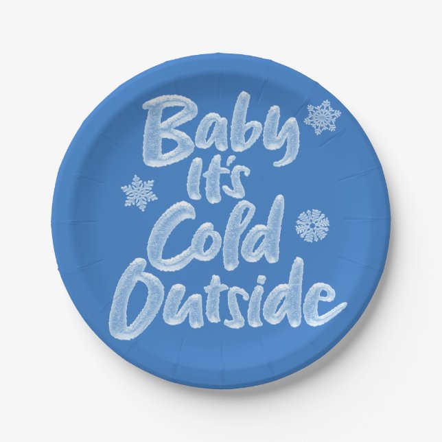 Baby It's Cold Outside Retro Blue Frozen Christmas Paper Plates (Front)